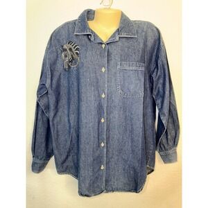 Sasson Denim Shirt Womens Medium Western Horse Rhinestone Button Front  Cowgirl